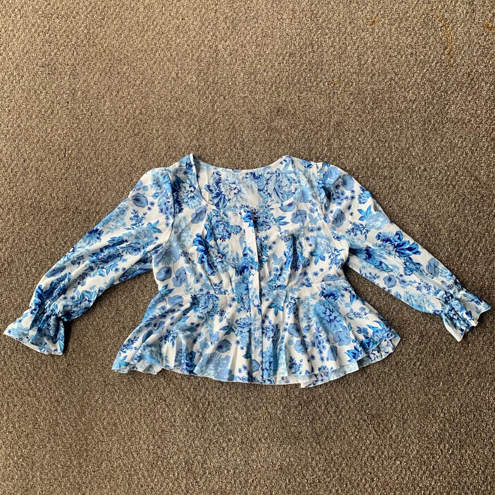 Women's Plus Size Floral Flounce Long Sleeve Button Front Peplum Blouse Top  1XL - Picture 3 of 7
